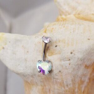 14G Surgical Steel belly ring with aurora borealis AB heart CZ piercing jewelry